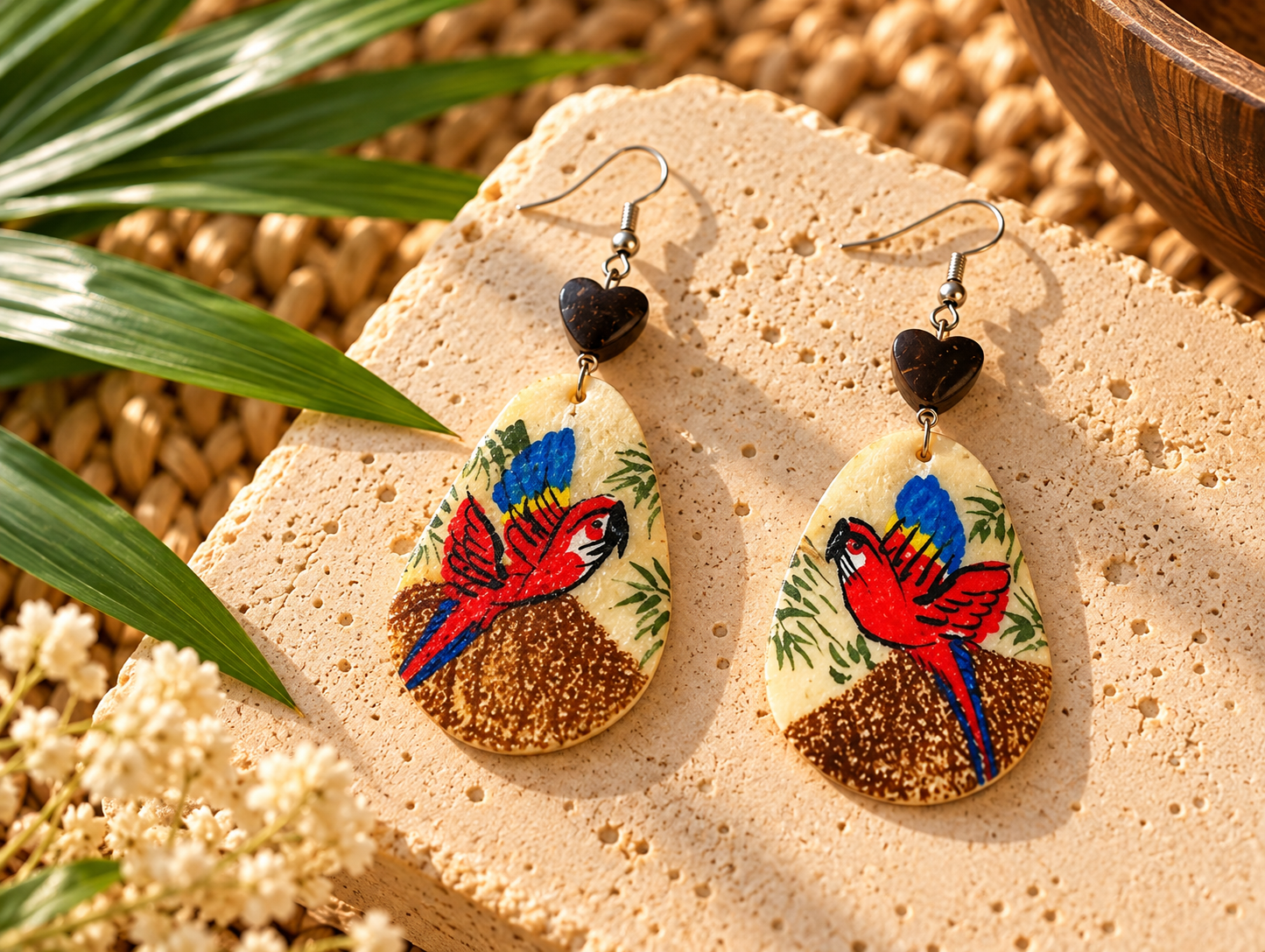 Aretes de Escama de Paiche Pintados a Mano Guacamayo
