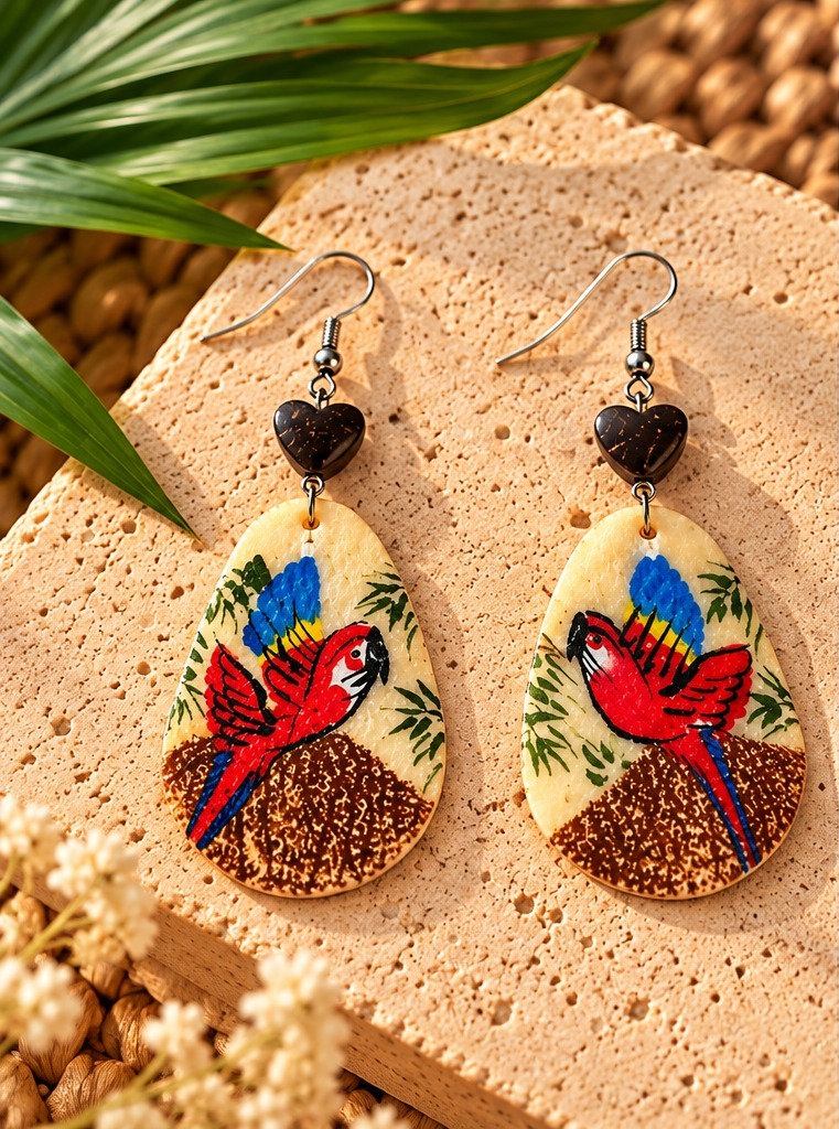 Aretes de Escama de Paiche Pintados a Mano Guacamayo - Imagen 3