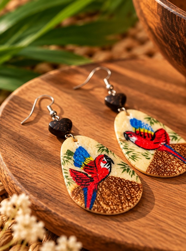 Aretes de Escama de Paiche Pintados a Mano Guacamayo - Imagen 2